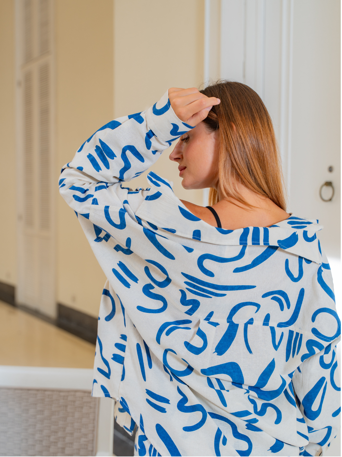 Geometric Navy - Elana Linen LS Shirt